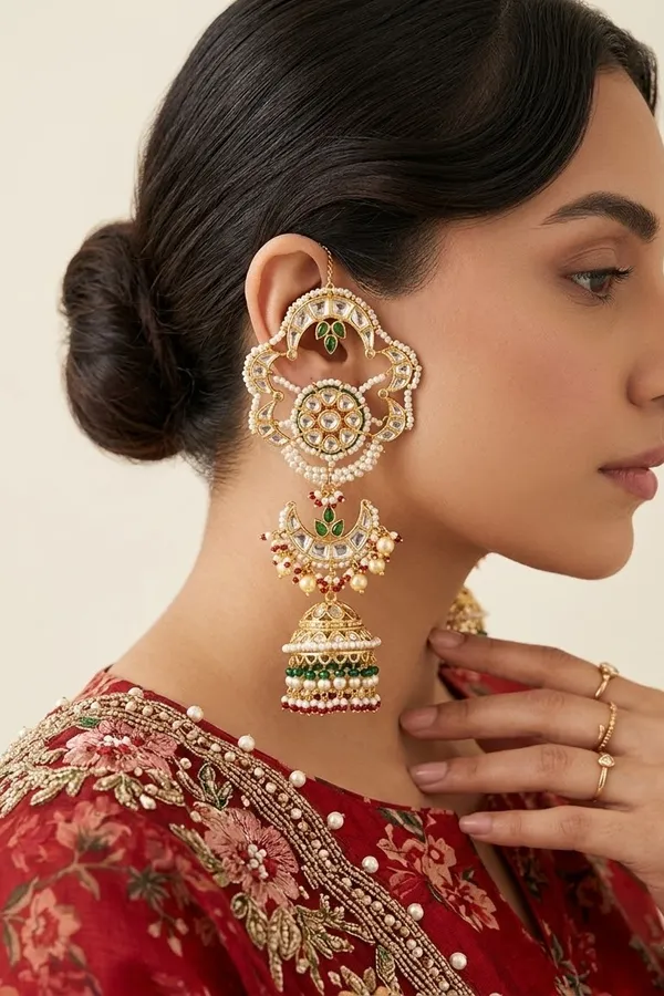 Green Kundan Gold White Green & Red Pearls Jhumki Earrings