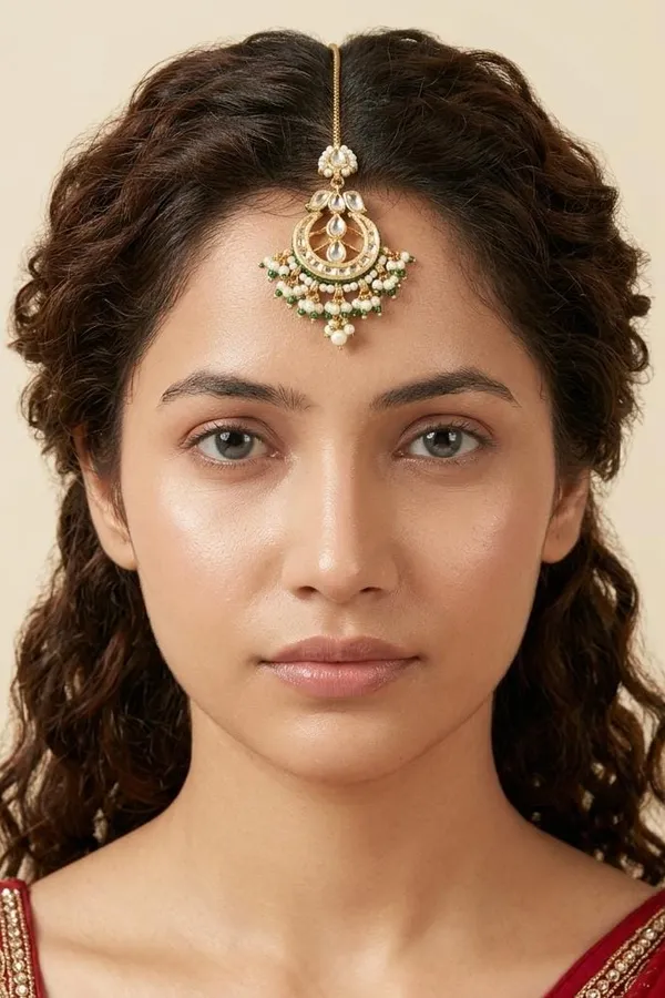 Green Meenakari Gold & White Kundan Green Pearls Maang Tikka