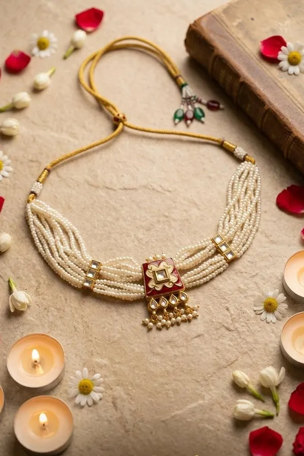 Loaded Red Enamel Gold White Kundan Pearl Drop Necklace