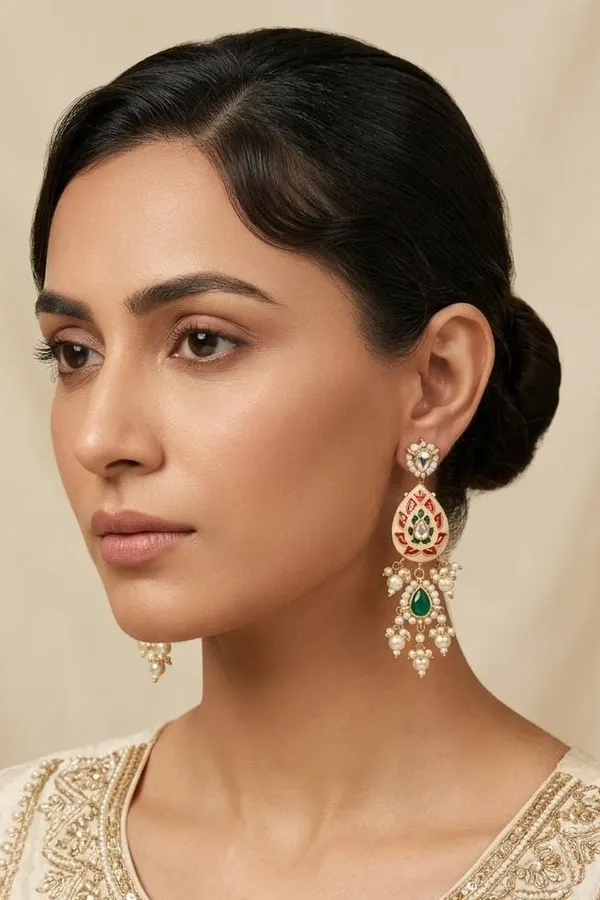 Green Red Meena Green Kundan Pearl Drop Earrings