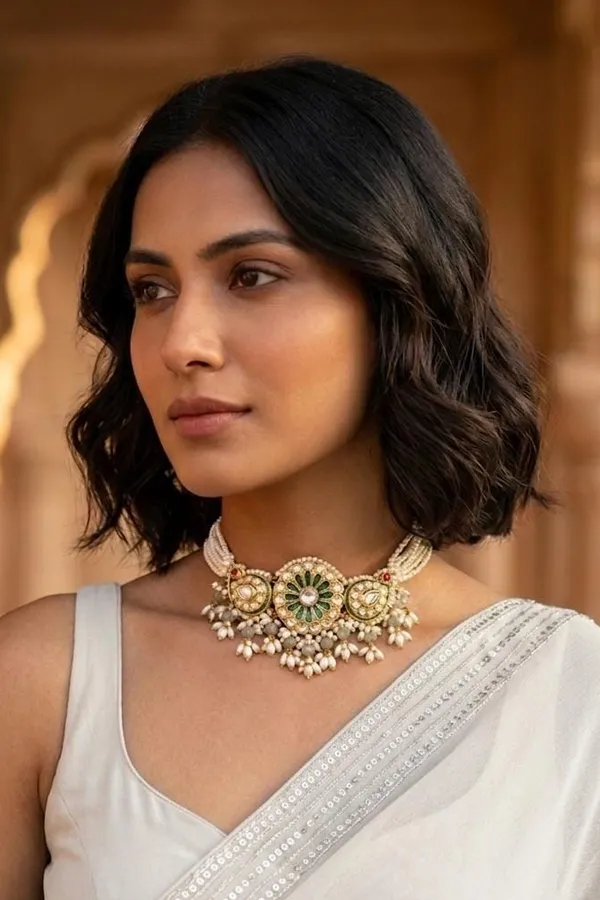 Gold & Green Meena Paisley Pearls Choker Necklace