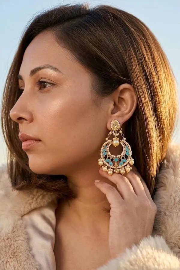 Red Green Feroza Meena Pearls Drop Chandbali Earrings