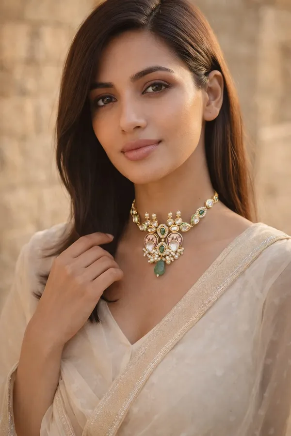 Red Enamel Green Kundan Green Drop Choker Necklace