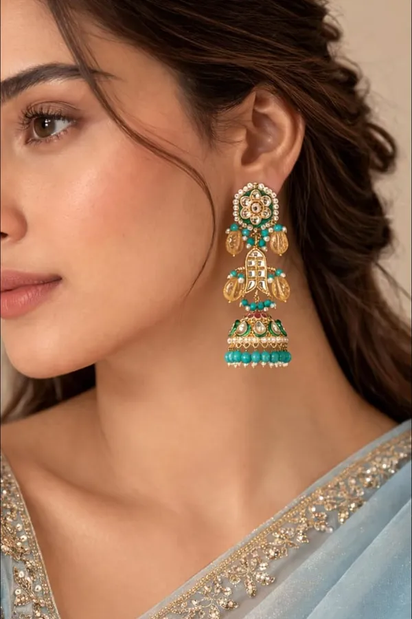 Turquoise with Yellow Beads Fish Motif Kundan Jhumki Earrings