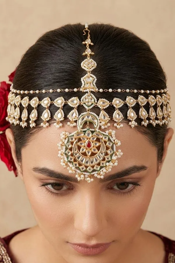 Ornate Red Kundan with Pearls Mathapatti