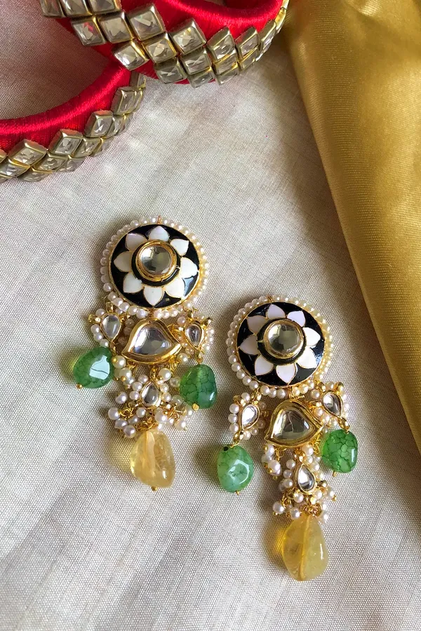 Black & White Meenakari with Yellow Drop Earrings