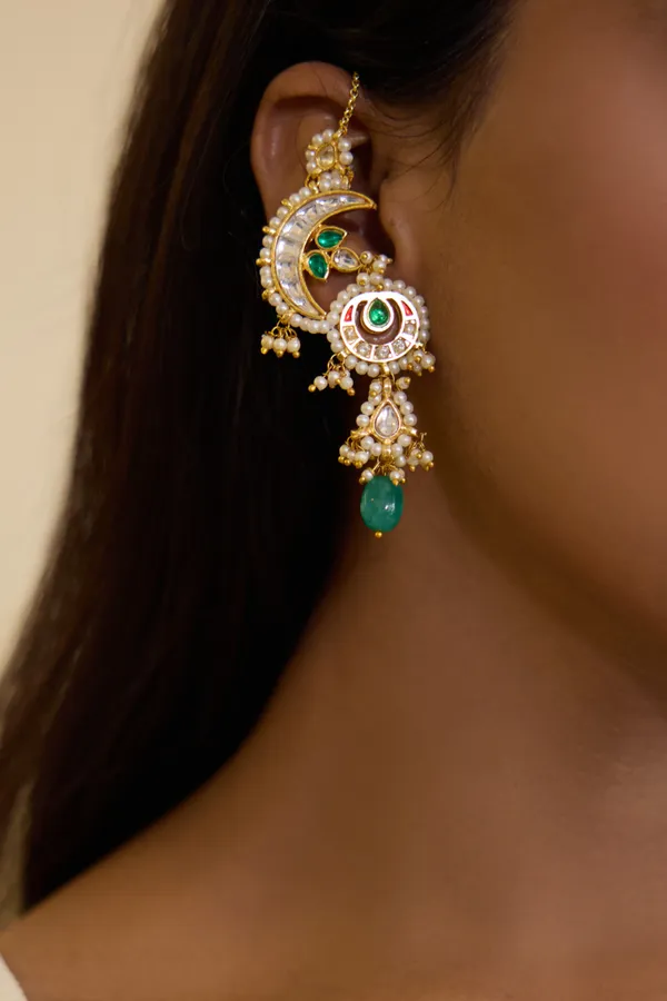 Pink & Green Kundan Chand Crescent Dangler Earrings
