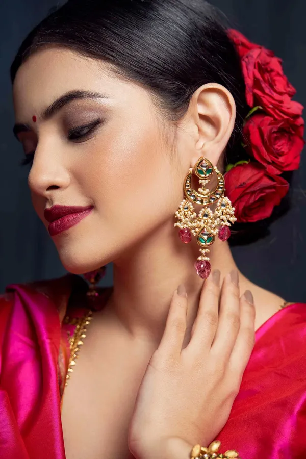 Green & Pink Stone Kundan Chandbali Earrings