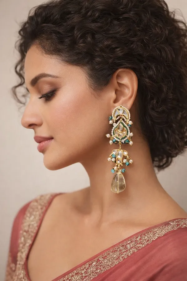 Turqoise Yellow Citrine Chand Kundan Earrings