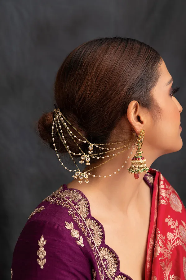White Kundan & Pearls Gold Chain Ear Saharas