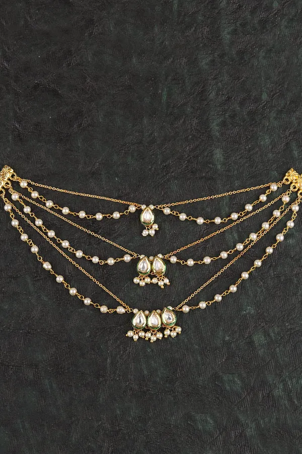 White Kundan & Pearls Gold Chain Ear Saharas