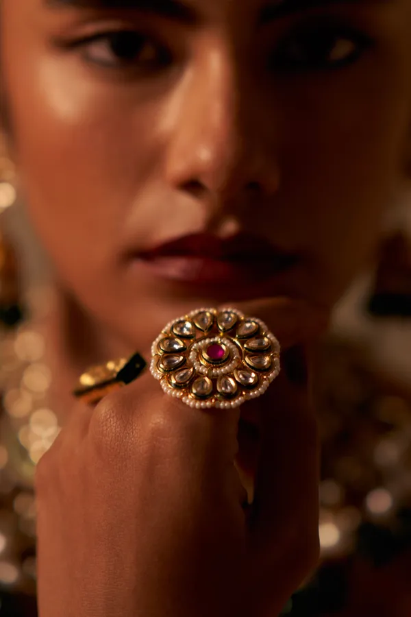 Kundan Red Flower Pearls Ring
