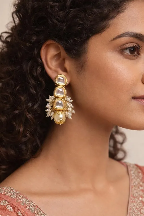 White Pearl & Kundan Earrings