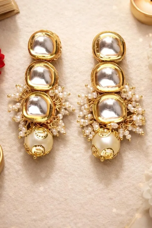 White Pearl & Kundan Earrings