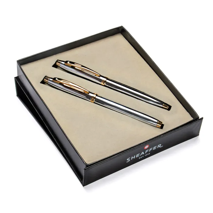 Sheaffer Gift Set 100 9340 Fountain Pen (M) and Ballpoint Pen Bright Chrome with Gold Trims - Set of 2 Pens