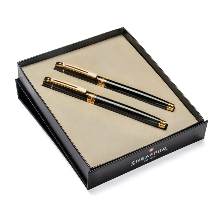 Sheaffer Gift Set 300 9325 Fountain Pen (M) and Rollerball Pen Glossy Black and Gold Trims - Set of 2 Pens