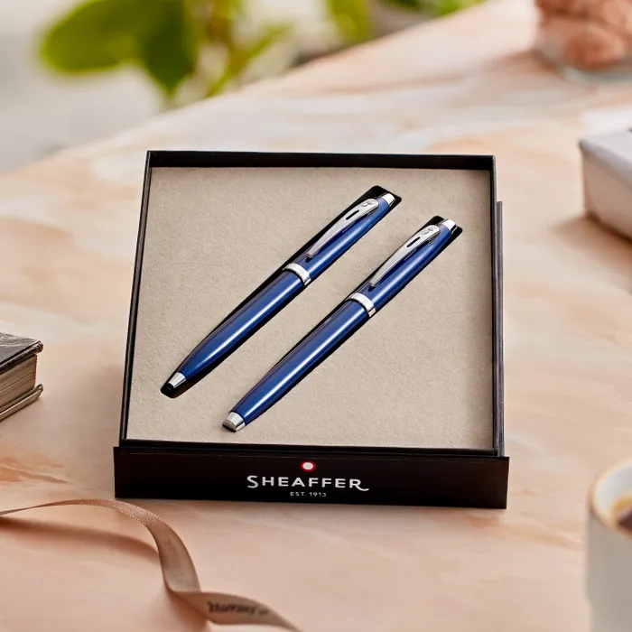 Sheaffer Gift Set 100 9339 Ballpoint Pen and Rollerball Pen Glossy Blue with Chrome Trims - Set of 2 Pens