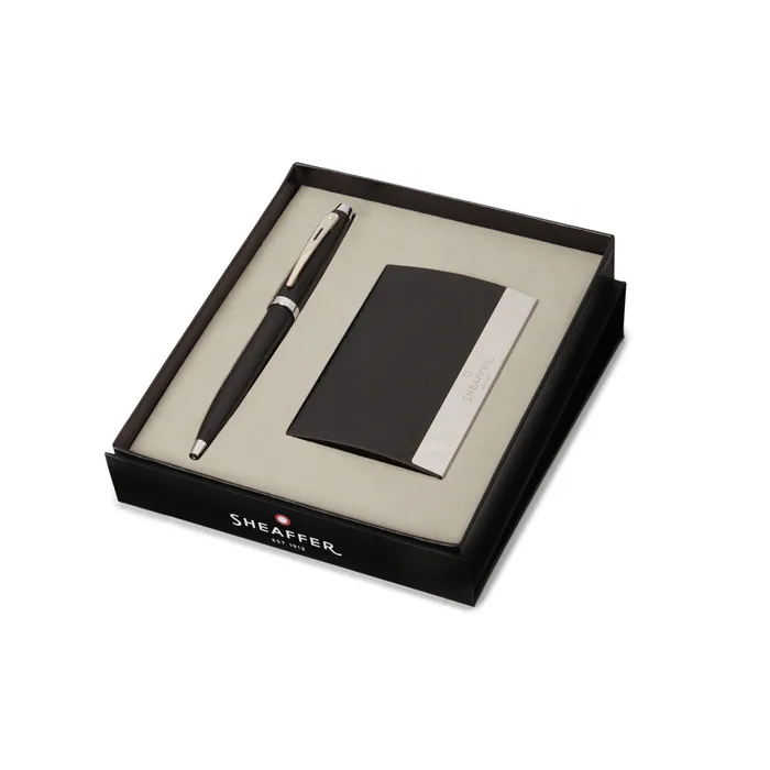 Sheaffer Gift Set 100 Ballpoint Pen with Business Card Holder  Matte Black with Chrome Trims