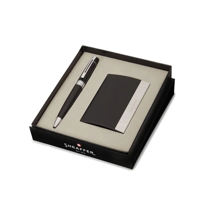 Sheaffer Gift Set 300 Ballpoint Pen with Business Card Holder  Glossy Black with Chrome Trims