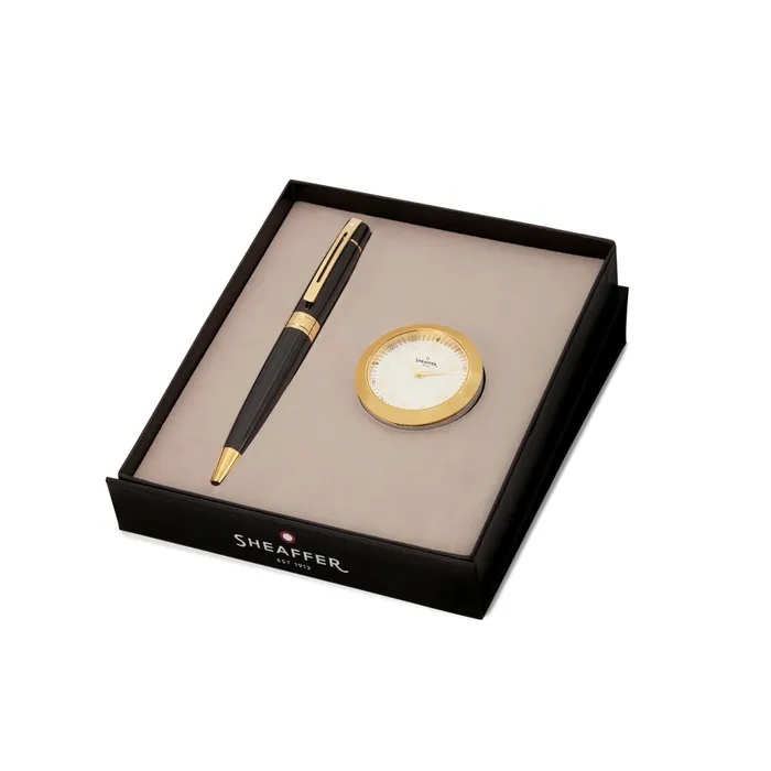 Sheaffer Gift Set 300 Ballpoint Pen with Table Clock  Glossy Black with Gold Trims