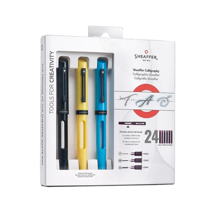 Sheaffer Calligraphy Black, Blue and Yellow Fountain pens Maxikit in Hangsell - F, M, B nibs