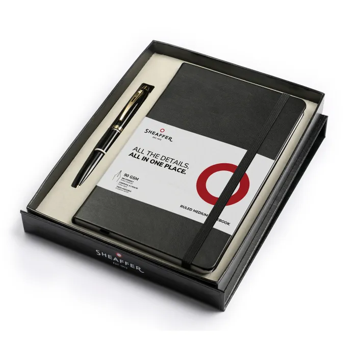 Sheaffer Gift Set 100 9322 Ballpoint Pen with Medium Notebook Glossy Black with Gold Trims