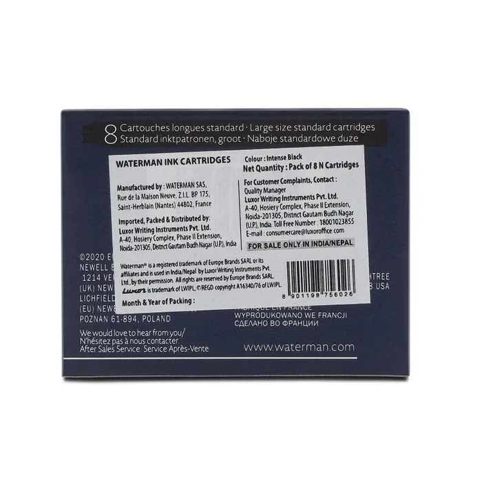 Waterman Intense Black Ink Cartridge - Pack of 8