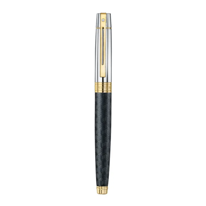 Sheaffer 300 9347 Engraved Black Fountain Pen with Chrome Cap and Gold Trims - Fine