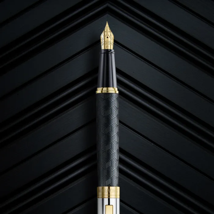 Sheaffer 300 9347 Engraved Black Fountain Pen with Chrome Cap and Gold Trims - Fine