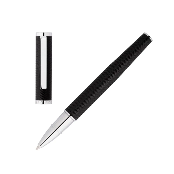 Hugo Boss Formation Herringbone Rollerball Pen with Chrome Trims - Black
