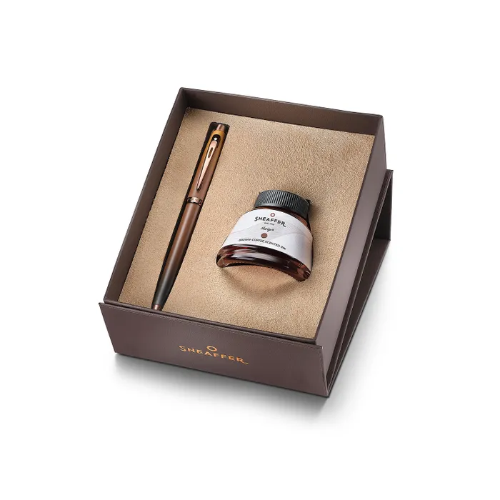 Sheaffer Gift Set 100 9374 Coffee Edition Fountain Pen (Medium) with Regal Brown PVD Trims and Coffee Scented Skrip Ink (50 ml)