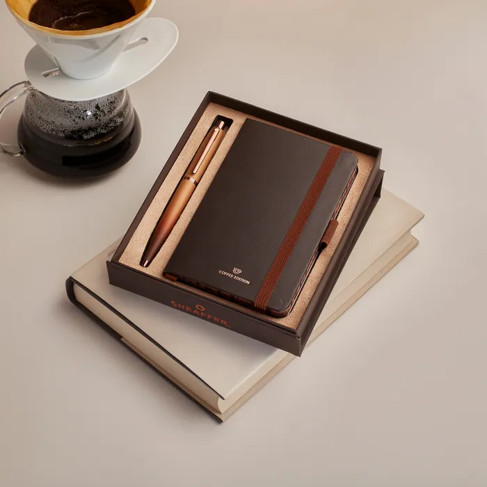 Sheaffer VFM Gift Set 9428 Coffee Edition Ballpoint Pen with Regal Brown PVD Trims and Small Notebook - Matt Brown