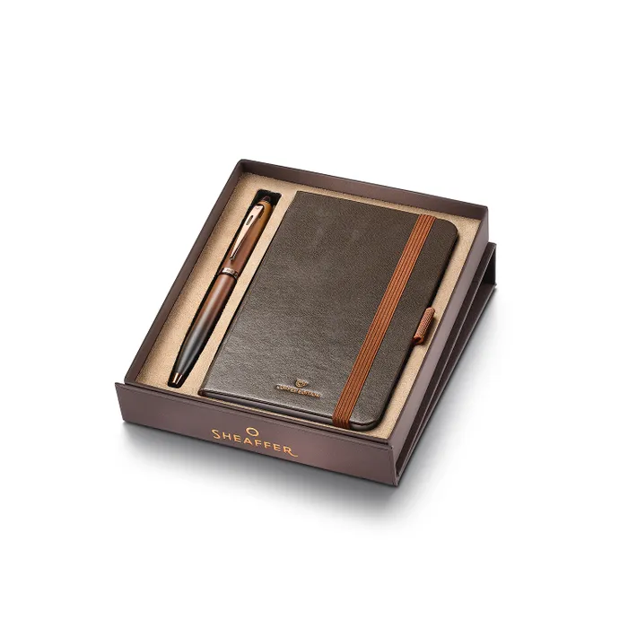 Sheaffer 100 Gift Set 9374 Coffee Edition Ballpoint Pen with Regal Brown PVD Trims and Small Notebook - Matt Brown