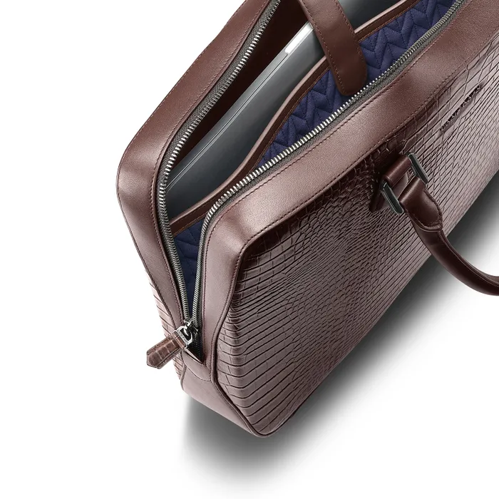 Lapis Bard Mandeville 14-inch Croc-Textured Single Compartment Laptop Bag - Dark Brown