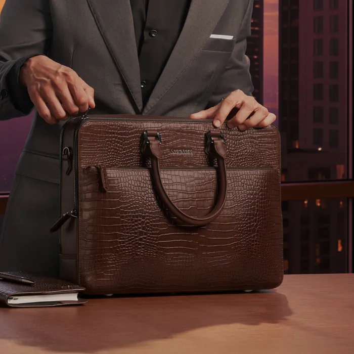 Lapis Bard Mandeville 14-inch Croc-Textured Single Compartment Laptop Bag - Dark Brown