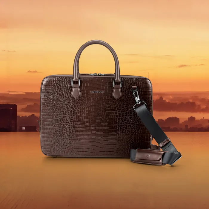 Lapis Bard Mandeville 14-inch Croc-Textured Single Compartment Laptop Bag - Dark Brown