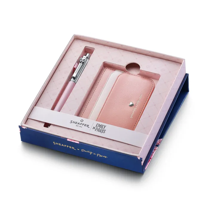 Sheaffer Emily in Paris Sentinel 321 Pink Matte Finish Ballpoint Pen with Chrome Trims and Full-Grain Leather Credit Card Holder Gift Set