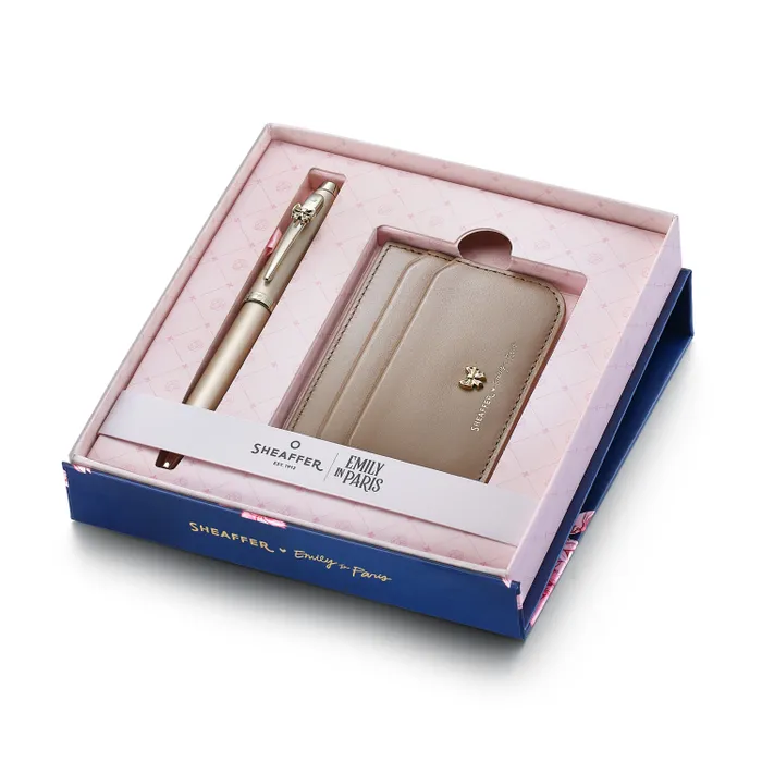 Sheaffer 100 Emily in Paris 9377 Champagne Gold Ballpoint Pen with Champagne Gold Trim and Full-Grain Credit Card Holder Gift Set