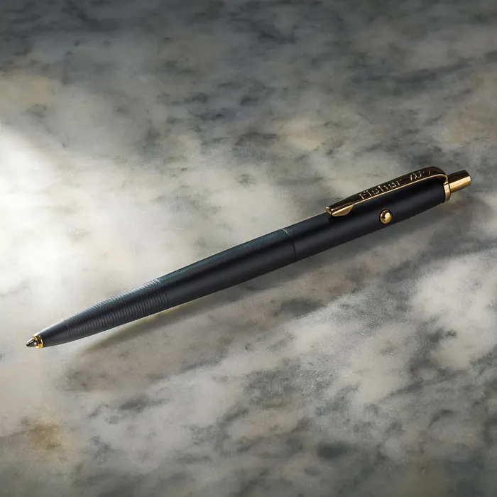 Fisher Space Cerakote Graphite Black with Gold Titanium Nitride Accents Ballpoint pen with Click and release button mechanism