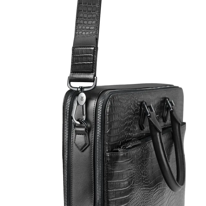 Lapis Bard Mandeville Noir 15-inch Croc-Textured Double Compartment Laptop Bag-Black