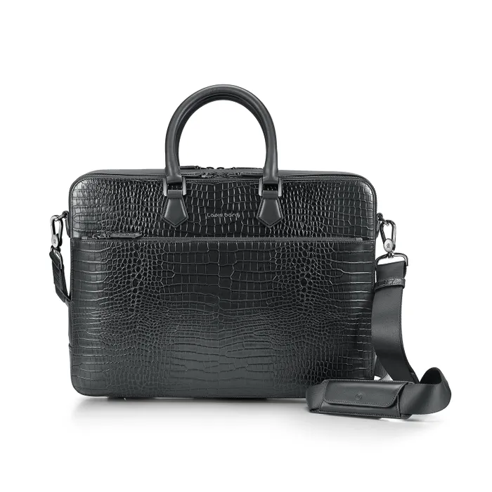 Lapis Bard Mandeville Noir 15-inch Croc-Textured Double Compartment Laptop Bag-Black