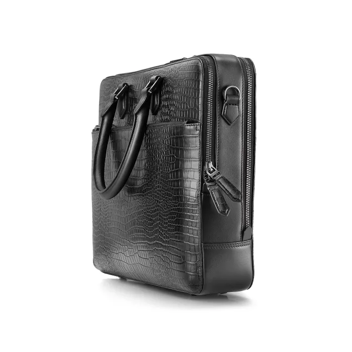 Lapis Bard Mandeville Noir 15-inch Croc-Textured Double Compartment Laptop Bag-Black