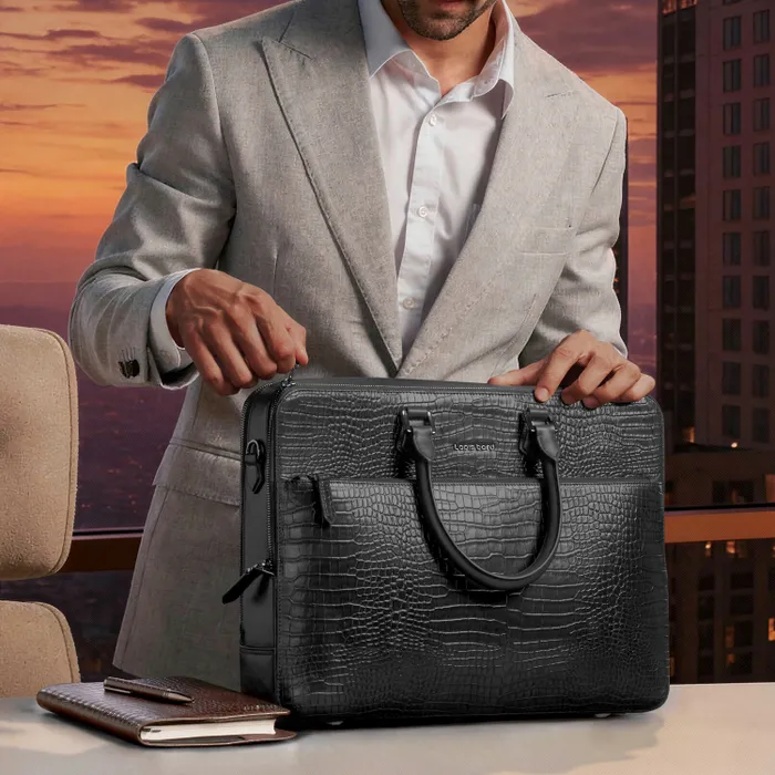 Lapis Bard Mandeville Noir 15-inch Croc-Textured Double Compartment Laptop Bag-Black