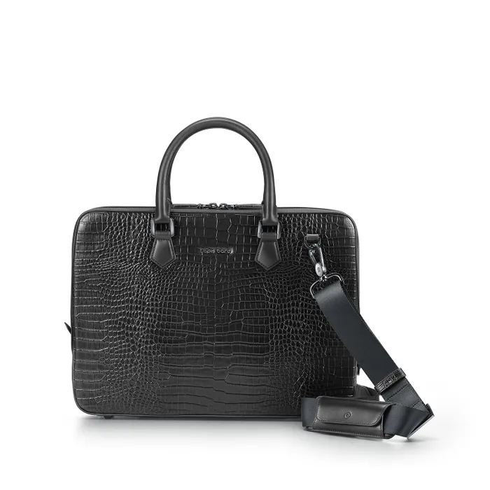Lapis Bard Mandeville Noir 14-inch Croc-Textured Single Compartment Laptop Bag-Black