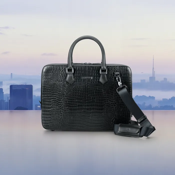 Lapis Bard Mandeville Noir 14-inch Croc-Textured Single Compartment Laptop Bag-Black