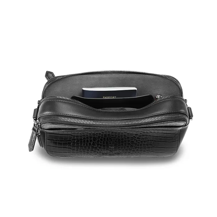 Lapis Bard Mandeville Noir Croc-Textured Crossbody Bag-Black