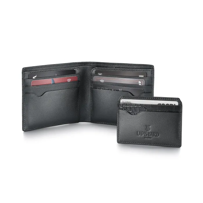 Lapis Bard Mandeville Noir Croc-Textured Wallet with Extra Credit Card Holder-Black