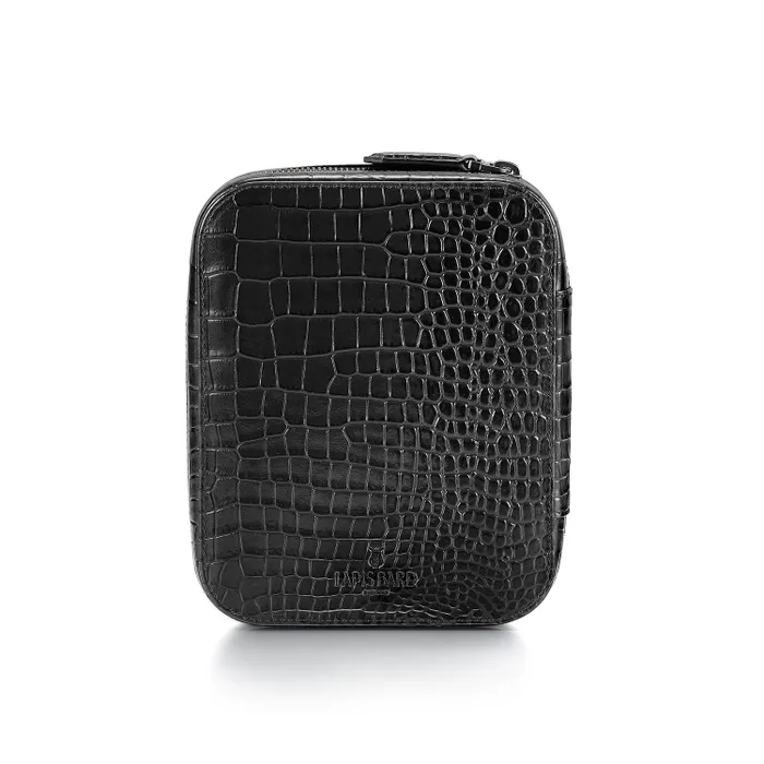 Lapis Bard Mandeville Noir Croc-Textured Watch Case with 4 Slots-Black