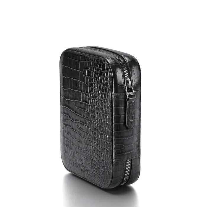 Lapis Bard Mandeville Noir Croc-Textured Watch Case with 4 Slots-Black