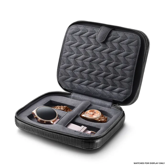 Lapis Bard Mandeville Noir Croc-Textured Watch Case with 4 Slots-Black